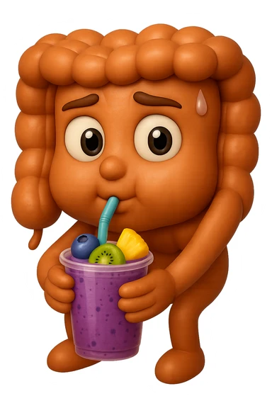 EMOJI STILE IPHONE DI un intestino umano anatomico che beve un frullato di mirtilli, ananas, kiwi, fagli anche la parte bianca degli occhi, non solo le pupille, REALISTICo 4K sticker