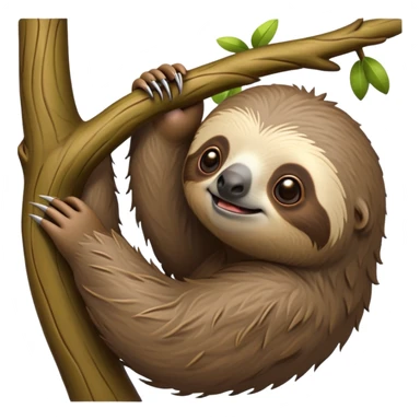 cinematic-sloth-realistic-full-body-hanging-emoji,-long-curved-claws-clinging-to-a-tree,-thick-shaggy-brown-fur-slightly-ruffled,-head-tilted-dramatically,-slow-blinking-eyes-filled-with-serene-wisdom,-simplified-yet-realistic-focused-features,-highly-detailed,-glowing-with-an-almost-sarcastic-glow sticker