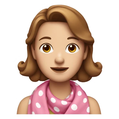 A white woman with brown hair wearing a pink kerchief with white polka dots sticker