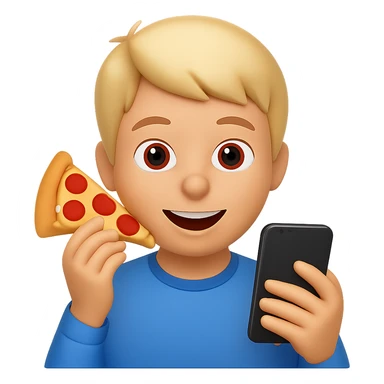 Change the food to pizza, keep the boy watching videos on his phone, emoji style, cheerful expression, with no background. The style should resemble apple style emojis. sticker