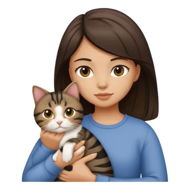 Brunette girl with light tan skin holding a fat black tabby cat sticker