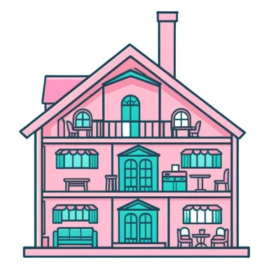 cute pastel pink dollhouse with miniature furniture sticker