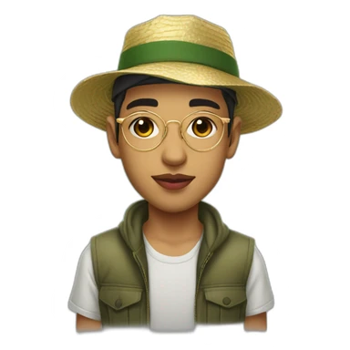 young algerian guy with big pink lips and thin gold transparent glasses, wearing fishing hat with a scar on left cheek sticker