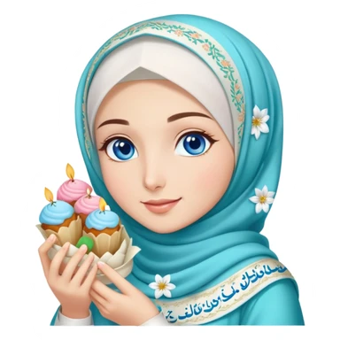 Turkish beautiful finish Konya girl blue eyes with lily floral hijab islamic dress and had on her hand text Eid Mubarak with sweets and celebrating with her friends eid days   sticker