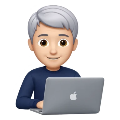 3D Memoji of the man from the photo, short salt-and-pepper hair, dark navy sweater, sitting with a silver laptop, Pixar style, white background, professional smile sticker