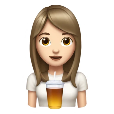 white girl, brown hair curtain bangs, drink in her hand  sticker