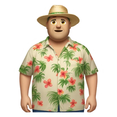 a middle aged obese white man with a hawaiian shirt, with a hawaiian hat, khaki shorts and flip flops   sticker