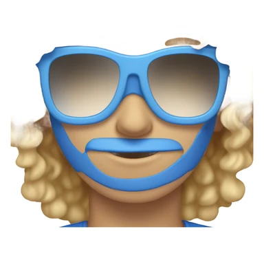 curly blond in a t-shirt. on dbu blue mirrored sunglasses, blue eyes, square face shape sticker