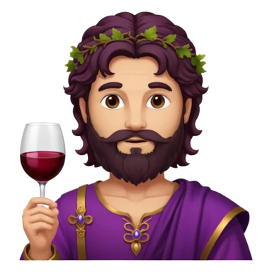 Bacchus, Wine God from Rome Mythology with long dark brown hair and beard, purple and burgundy outfit, sticker