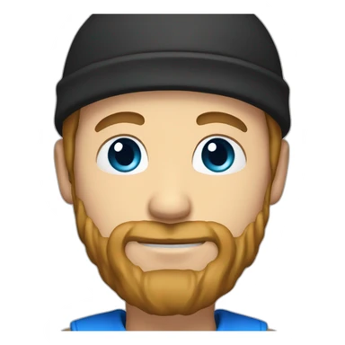 Guy with light brown hair, beard and blue eyes and a black bonnet sticker