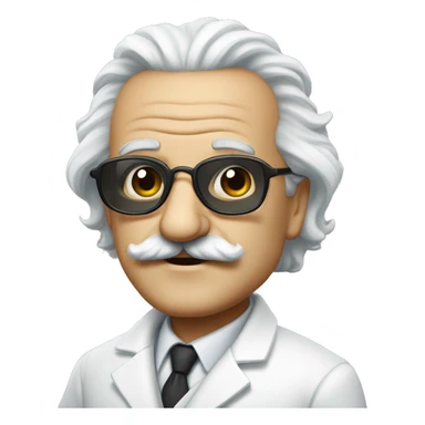 a scientist resembling Albert Einstein, bald, with hair on the sides of his head, a large mustache and round sunglasses. Wearing a white duster. sticker