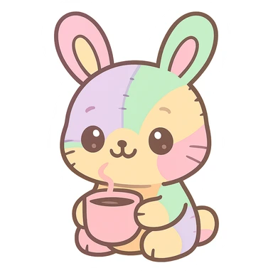whimsical female bunny with rainbow fur, visible stitches, coffee cup, soft cartoon style sticker