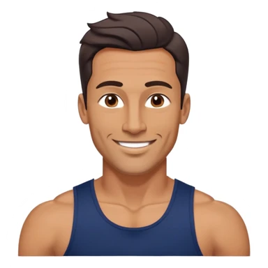 Athletic 40-year-old man with tanned light brown skin. Elongated face with defined jawline. Confident smile. Medium dark eyes, arched eyebrows. Straight nose. Wavy dark hair in a modern cut. Wearing a navy blue tank top showing fit physique. sticker
