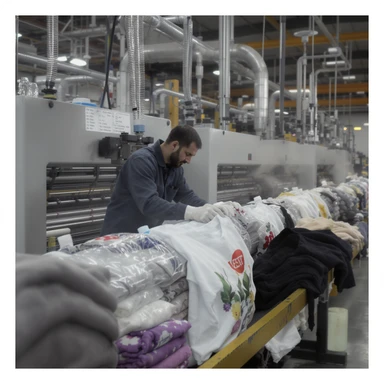 vertical realistic image of factory transforming PET plastic bottles into polyester clothes, showing bottles, machinery, clothes, professional atmosphere, aspect ratio 2:3 sticker