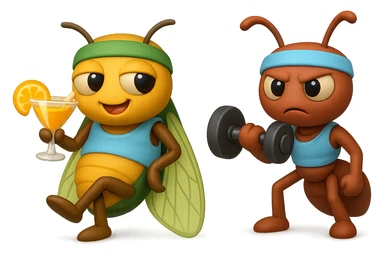 EMOJI STILE IPHONE 3D DI UNA CICALA E UNA FORMICA IN ABITI FITNESS, LA CICALA HA IN MANO UN COCKTAIL MENTRE LA FORMICA HA IN MANO UN MANUBRIO DA PALESTRA. L'IMMAGINE RAPPRESENTA IL FATTO CHE LA FORMICA VOGLIA IMPEGNARSI REALMENTE PER CAMBIARE IL SUO FISICO MENTRE LA CICALA SI VUOLE DIVERTIRE E NON CONCLUDE NULLA ALLA FINE sticker