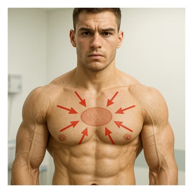 25-year-old bodybuilder with low collagen levels, hyper realistic style, defined muscles, less elastic skin, red arrows pointing away from collagen on the skin, clinical atmosphere, light background sticker