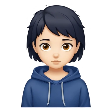A girl with really short messy black hair in a navy blue sweatshirt with brown eyes and is 10 years old sticker