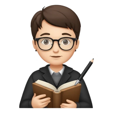 writer holding pen and book, wearing glasses sticker
