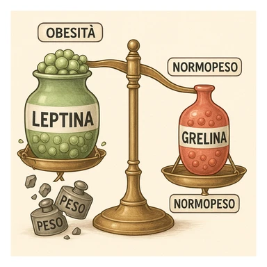 Diagramma endocrinologico in italiano: bilancia con leptina (verde) e grelina (rossa). Lato obeso: etichetta 'Obesità', leptina traboccante, bilancia bloccata, pesi rotti con la scritta 'Peso'. Lato normopeso: etichetta 'Normopeso', bilancia bilanciata, grelina normale. Tutte le scritte interne sono in italiano. Illustrazione medica, dettagliata, 4K. Style: endocrinologico, medical illustration, detailed. sticker