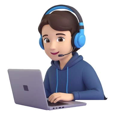 3D emoji style image of a student participating in an online exam, wearing a headset, looking at a laptop, slight smile sticker