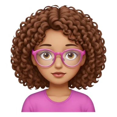 Curly brown haired girl with brown eyes, transparent-pink glasses frames, sleepy, slightly tan skin sticker