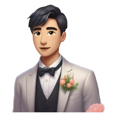 Gorgeous romantic anime style Asian formal modern gentlemanly guy with flowers and blushing face aesthetic trending style outside with colorful gradient bright light colors sticker