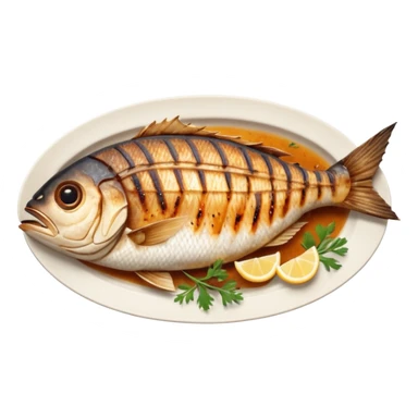create a Whole good brownish Grilled Fish Camera angle: slightly elevated top-down view with a gentle bird’s-eye perspective (about 15–20°), identical perspective and scaled do not add anything on plate

 sticker