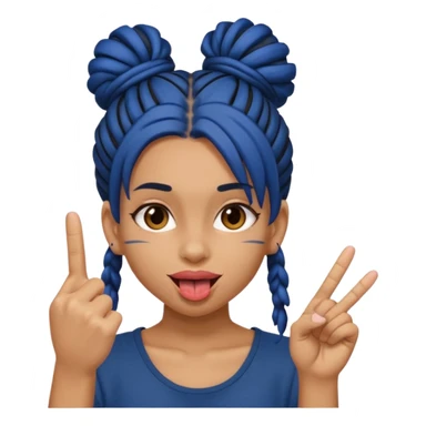 light brown girl with dark blue dreads in a bun with tongue out giving middle finger sticker