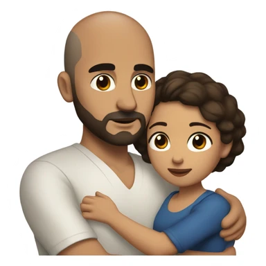 Comforting hug from brunette Puerto Rican with dark brown eyes to short, bald man with brown eyes and a beard sticker