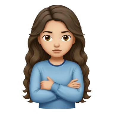 Hispanic light tan girl with long dark wavy hair with arms folded while pouting. Wearing a long sleeve. Hair with middle part. sticker