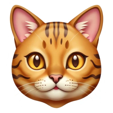 Cinematic Cute Bengal Cat Portrait Emoji, Head tilted playfully and inquisitively, sleek spotted brown and gold tones, Simplified yet adorable features, highly detailed, glowing with a warm, friendly glow, high shine, curious and affectionate, stylized with a touch of whimsy, bright and alert, soft glowing outline, capturing the essence of a mischievous yet loving kitten, so endearing it feels like it could pounce out of the screen and play! sticker