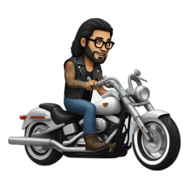 A man with tattoos, long hair and glasses riding a Harley motorcycle  sticker