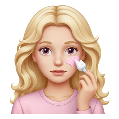 A white girl with long blonde wavy hair in pale pink clothes smears cream on her face sticker