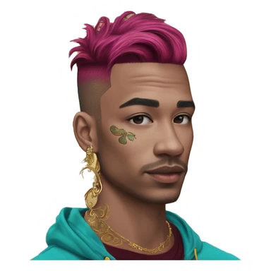 Vintage patina intricate swirls gold jewellery baroque raven wings angel tropical Deep pink maroon burgundy cyan dark hoodie man vitiligo dyed hair gold piercings nose piercing ear piercings sticker