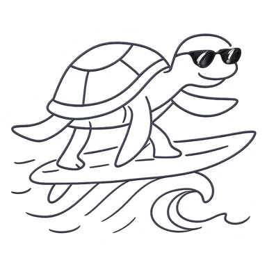 Add cool sunglasses to the surfing turtle. Keep the hand drawn icon style with sketchy lines and whimsical feel, no background. sticker