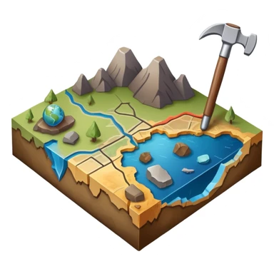 An icon featuring a crowbar and a geological map, and layers of Earth’s crust, symbolizing geology. The design includes mineral samples, fossils, and tectonic plates, representing the study of Earth’s structure and natural processes. Transparent background highlights geological exploration sticker