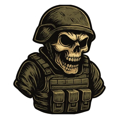 skull with a protective vest and military helmet, stylized and dynamic, no background sticker