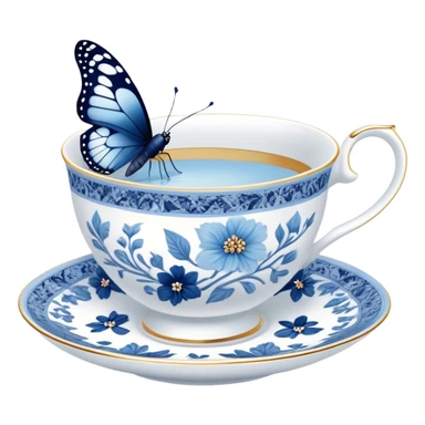 A delicate butterfly with navy wings, resting on the edge of a perl porcelain teacup adorned with intricate pastel blue floral patterns. sticker
