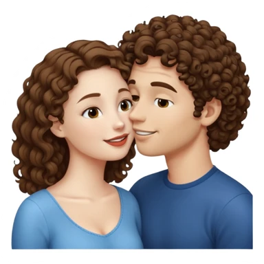 A couple kissing, the man would be white-skinned, short-curly, brown-haired. The serious woman with white skin, long hair and brown color sticker
