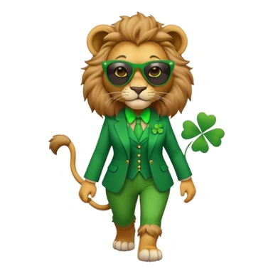 confident anthropomorphised female lion in St. Patrick's Day green clothes with shamrock accessories, dark sunglasses, walking upright, looking self-assured sticker
