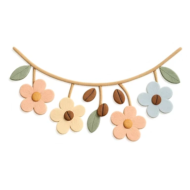 wall floral garland with coffee beans in a cozy café, soft pastel colors, paper craft style sticker