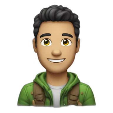 nice man with green eyes, dark hair, smiling with a dinosaur sticker