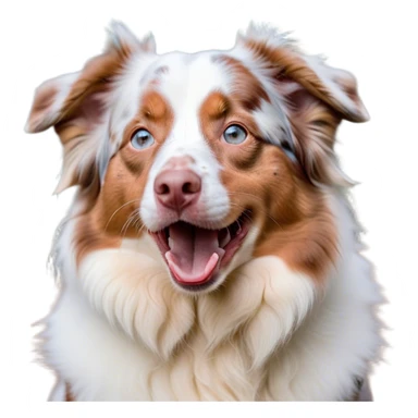 Cinematic Cute Yawning Predominantly White Red Merle Australian Shepherd Portrait Emoji, Head tilted slightly with a dramatic, wide-open yawn, predominantly white fur with hints of red merle, floppy ears slightly drooping, round blue eyes barely open in drowsy contentment, Simplified yet irresistibly adorable features, highly detailed, glowing with a soft, cozy glow, high shine, relaxed yet expressive, stylized with a touch of whimsy, bright and endearing, soft glowing outline, capturing the essence of a sleepy yet affectionate pup, so drowsy it feels like it could stretch right out of the screen and curl up for a nap! sticker