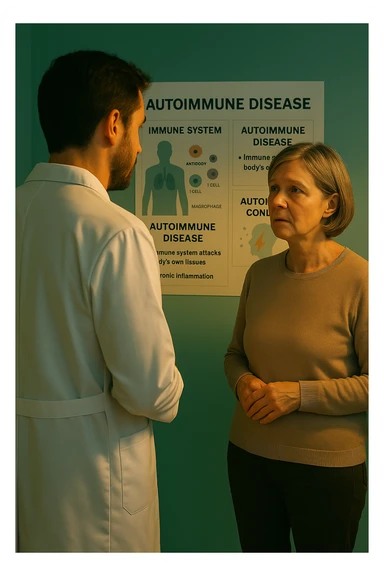 Realistic, detailed photo taken from behind of one doctor e un paziente —a bearded man and a middle-aged woman—standing and facing each other as they discuss an autoimmune disease diagnosis in front of a medical chart that displays information about the immune system and autoimmune conditions. The scene is illuminated by a yellowish, orange, warm light that softly envelops the doctors. The entire room is bathed in a single green-blue color, creating a cohesive and modern atmosphere. Both doctors wear white coats, and their body language suggests a serious, professional conversation about the complexities of autoimmune diseases. Shot with a Canon EOS R5, with high detail and natural depth of field. scritto in italiano sticker