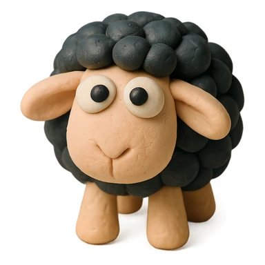 cute sheep with black wool and big eyes, soft pastel colors, hand-molded details, claymation style sticker