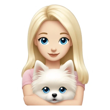 Blond girl white skin blue eyes hugging white Pomeranian with light pink bow sticker