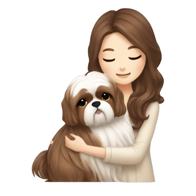 long brown wavy hair korean girl hugging cream and brown colored shih tzu sticker