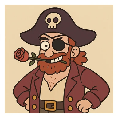 playful cartoon pirate with left eye patch and rose in mouth sticker