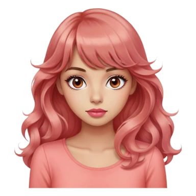 cute woman, popular girl, rolling eyes, light tan skin, black eyes, very long wavy auburn hair, bangs, pink top, coral lipstick sticker