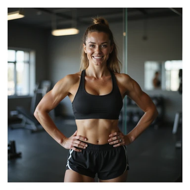 hyperrealistic 4K image of a woman posing with hands on hips in front of a gym mirror, toned muscles, proud expression, motivational atmosphere, wearing sportswear sticker